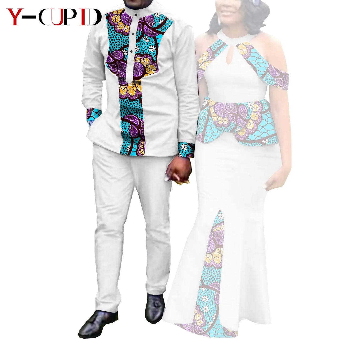 Robes africaines pour femme et tenues assorties pour couple – Tissu Bazin imprimé, robe de soirée style sirène et ensemble homme chemise et pantalon – Modèle Y21C024