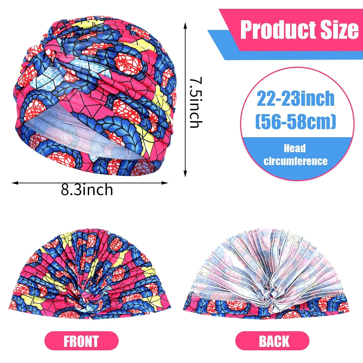 Turban africain imprimé pour femme – Bonnet doux et extensible, style torsadé et plissé, couvre-tête confortable (idéal comme bonnet chimio)