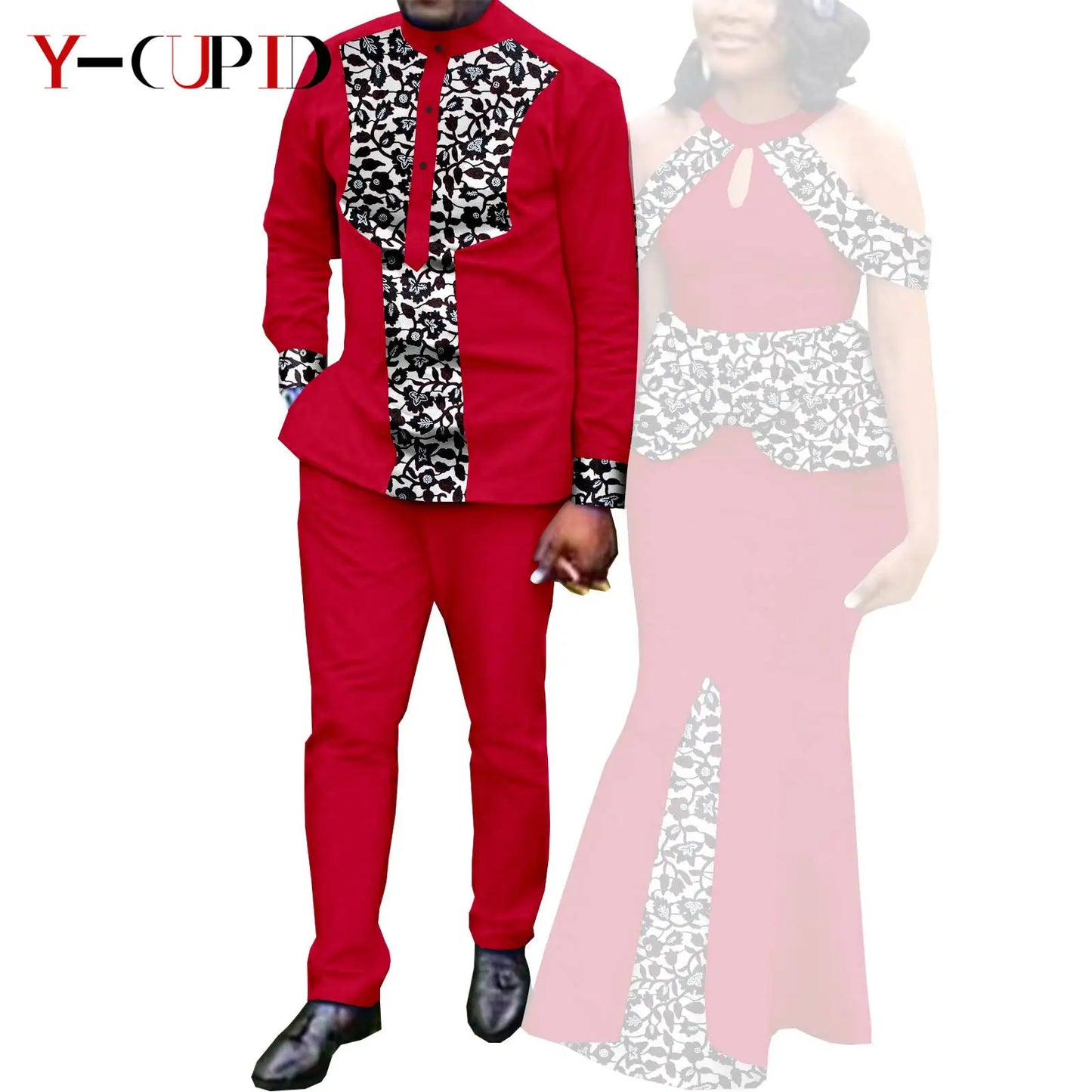 Robes africaines pour femme et tenues assorties pour couple – Tissu Bazin imprimé, robe de soirée style sirène et ensemble homme chemise et pantalon – Modèle Y21C024