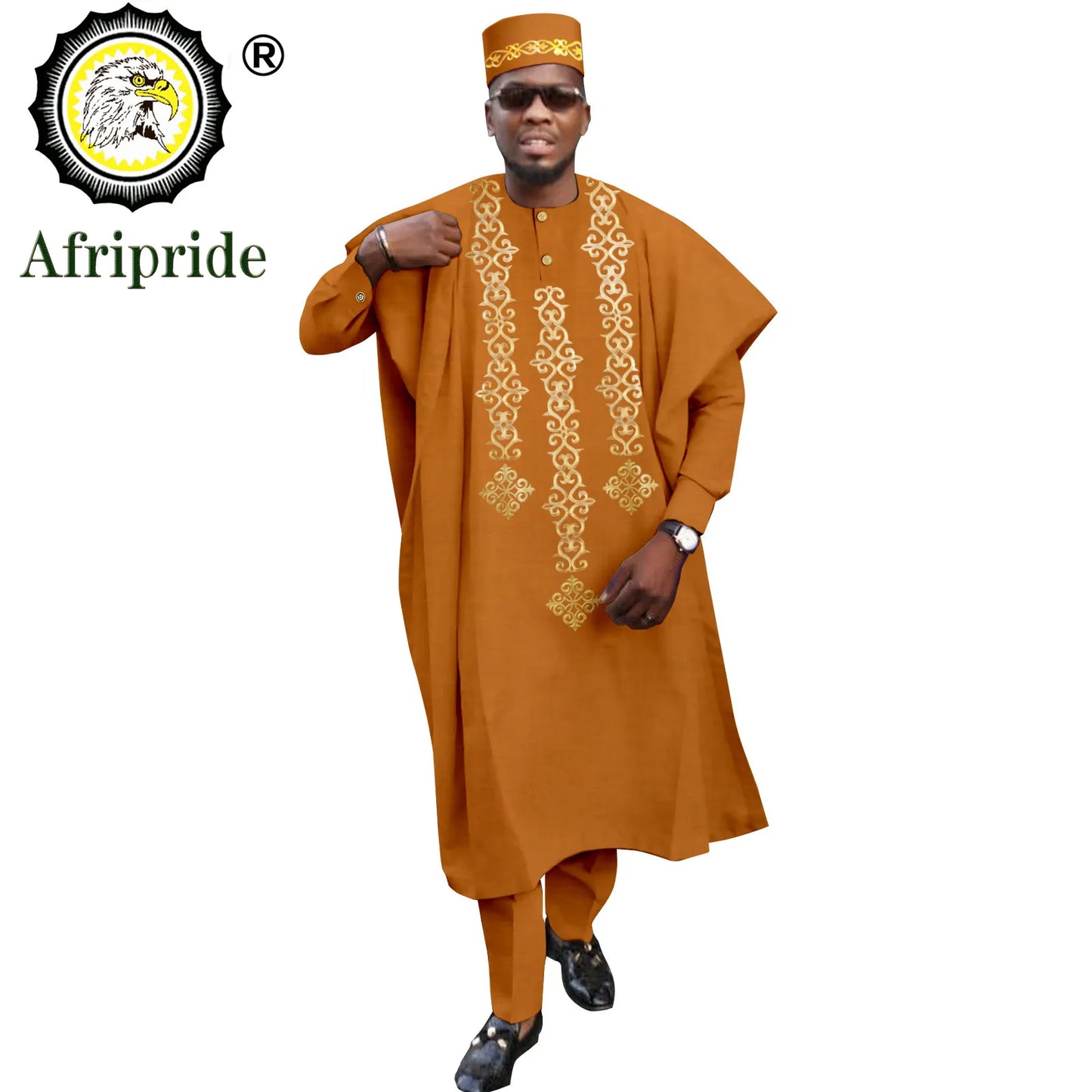 Tenue africaine traditionnelle pour homme – Ensemble Agbada brodé 4 pièces avec robe, chemise, pantalon et chapeau Dashiki, idéal pour mariage et soirée – Réf. A2216118