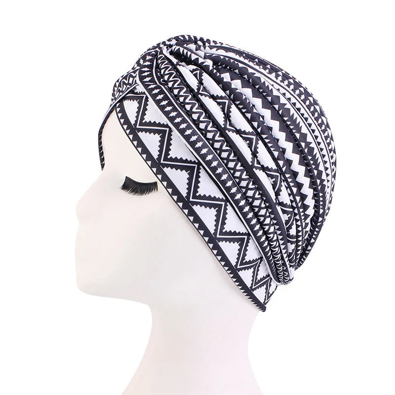 Turban africain imprimé pour femme – Bonnet doux et extensible, style torsadé et plissé, couvre-tête confortable (idéal comme bonnet chimio)