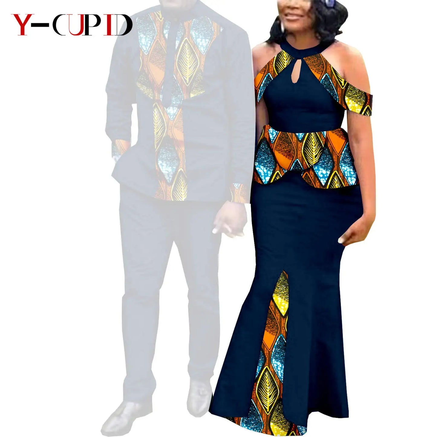 Robes africaines pour femme et tenues assorties pour couple – Tissu Bazin imprimé, robe de soirée style sirène et ensemble homme chemise et pantalon – Modèle Y21C024