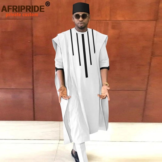 Tenue africaine pour homme – Ensemble Dashiki Agbada 3 pièces avec chemise, pantalon et chapeau traditionnel (style tribal) – Réf. A2216165