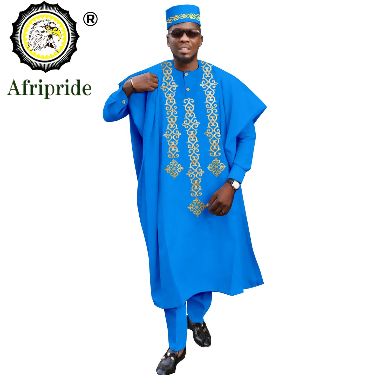Tenue africaine traditionnelle pour homme – Ensemble Agbada brodé 4 pièces avec robe, chemise, pantalon et chapeau Dashiki, idéal pour mariage et soirée – Réf. A2216118