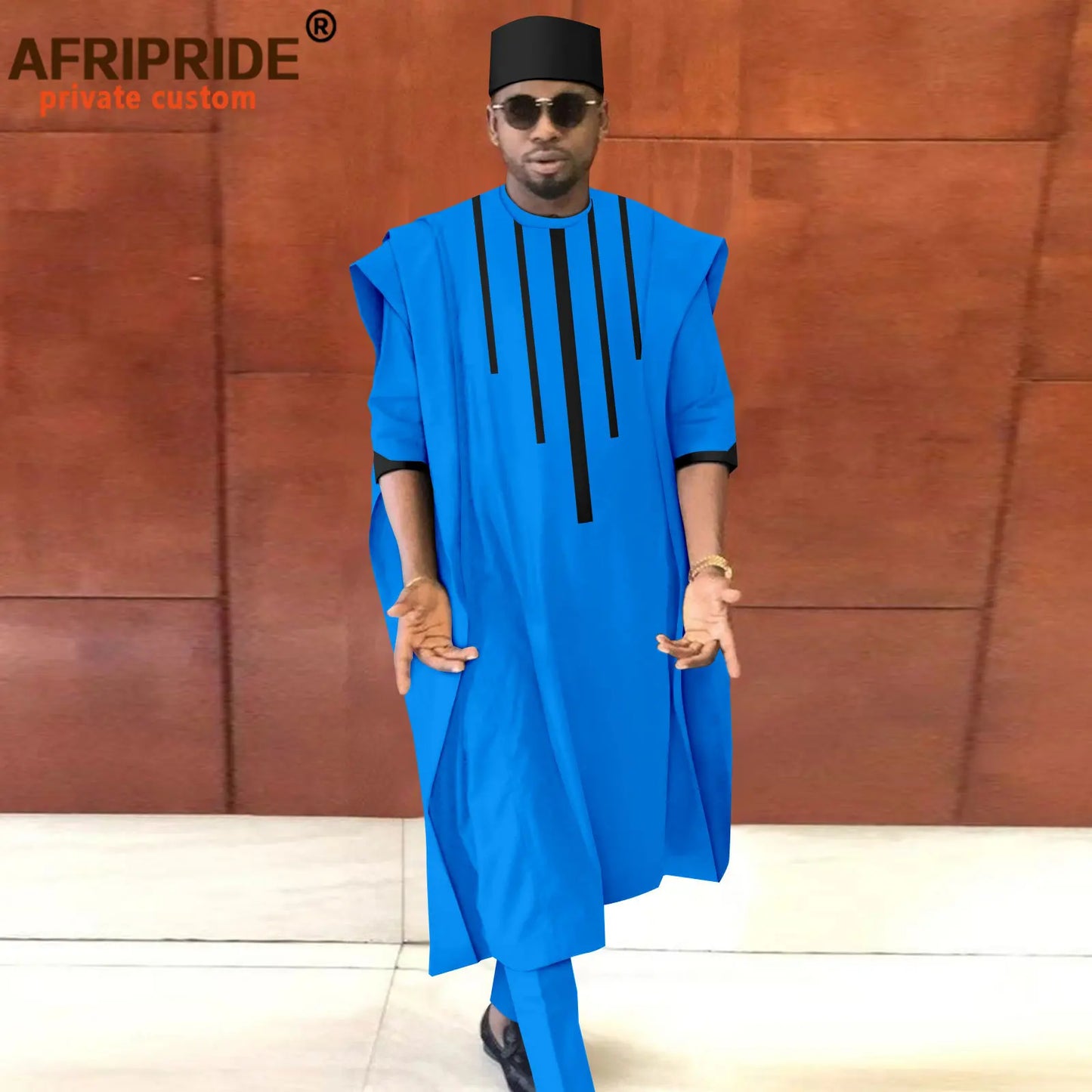 Tenue africaine pour homme – Ensemble Dashiki Agbada 3 pièces avec chemise, pantalon et chapeau traditionnel (style tribal) – Réf. A2216165